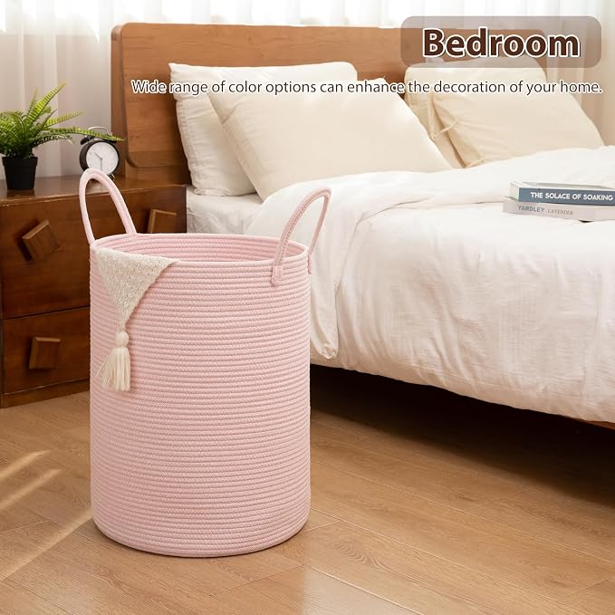 OIAHOMY Large Laundry Basket Hamper - 100L Cotton Rope Woven Basket for Blankets, Toys, Clothes - Tall Decorative Nursery Hamper with Long Handles, Pink