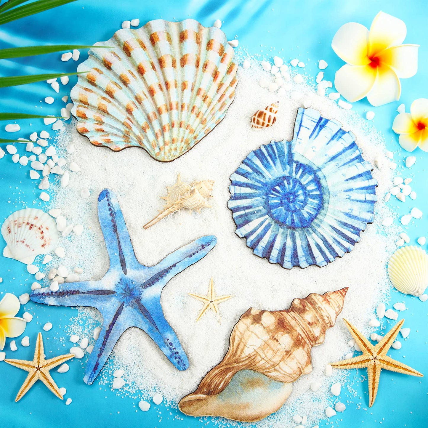Yookeer 4 Pcs Beach Wall Decor, Wooden Seashell Starfish Wall Decoration, Ocean Coastal Nautical Decorative Art, Rustic Seaside Theme Art for Bathroom Living Room Bedroom Summer Home Decor Gift(Small)