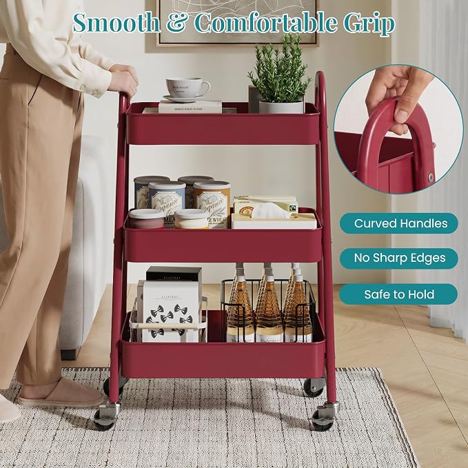 OLIXIS Metal 3 Tiers Utility Rolling Cart, Mobile Storage Shelf with Lockable Caster Wheels, Organization for Livingroom, Bathroom & Narrow Places, Red