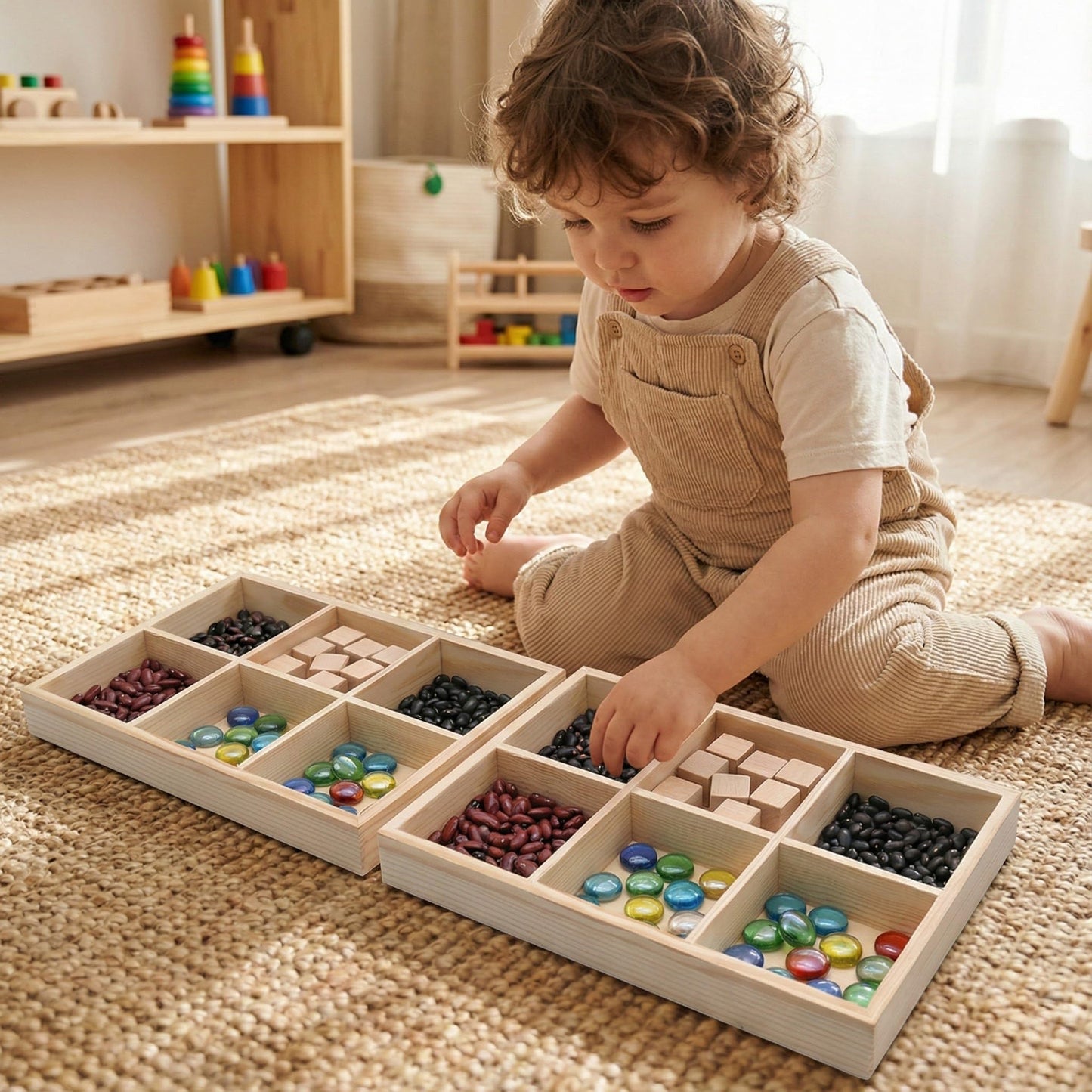 Zerodeko Wood Organizer Tray with 6 Compartments, Multi-Purpose Wooden Sorting Tray for Jewelry, Watch Parts, Crafts & Beads, Desktop Drawer Storage Crayon Box, Natural Wood Dice for Gaming