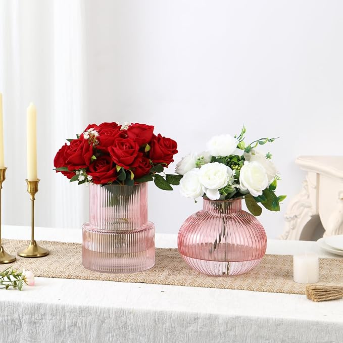 Ribbed Glass Vases, Set of 2 Fluted Vases for Flowers, Pink Glass Vase for Tulips, Modern Vase for Living Room, Kitchen, Office, Entryway, Mantle, Bookshelf, Wedding Gifts, Birthday