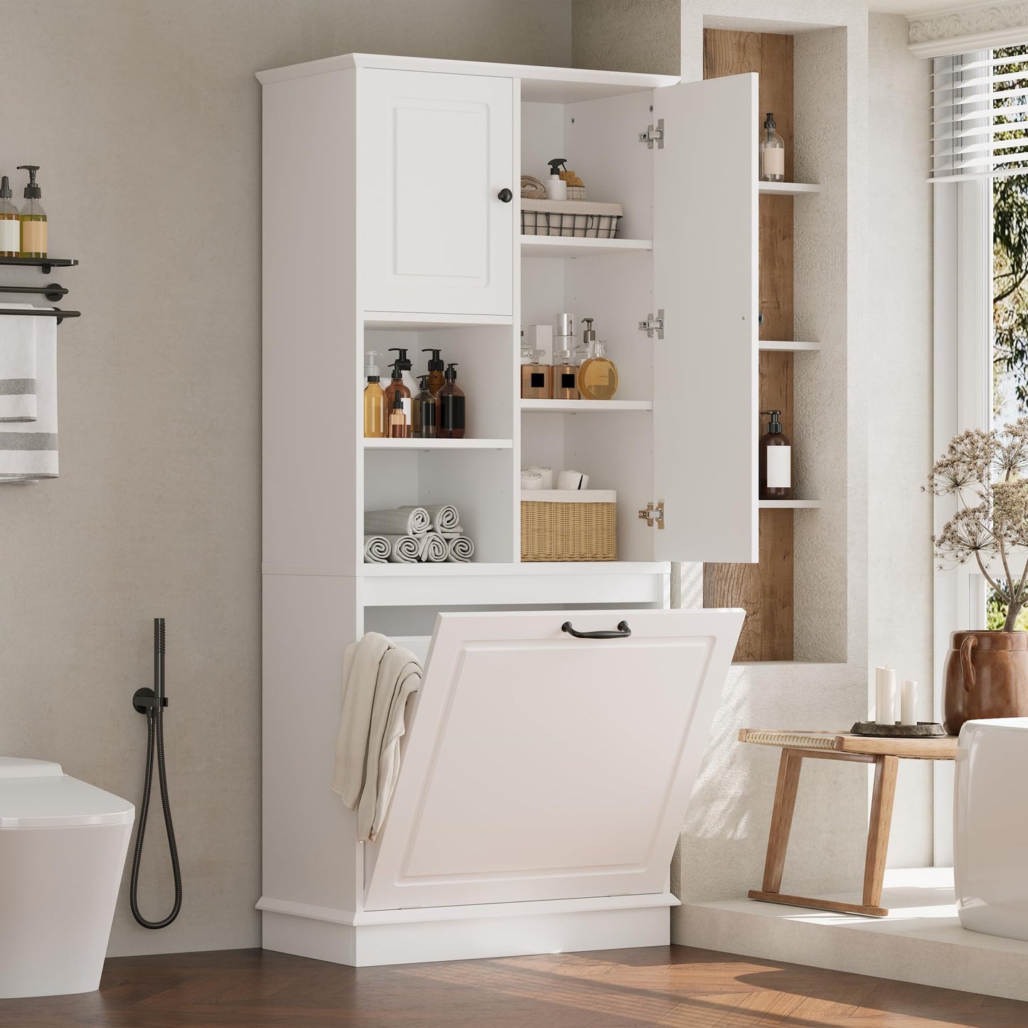 68" Tall Bathroom Storage Cabinet with Two Doors and Tilt-Out Laundry Hamper for Home Display Organizer, Adjustable Shelf, White