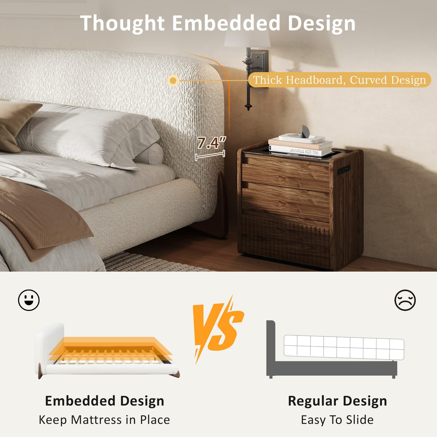 Merax Queen Size Upholstered Platform Bed with Boucle Thick Headboard, Solid Wood Anchor Legs, No Box Spring Needed, White