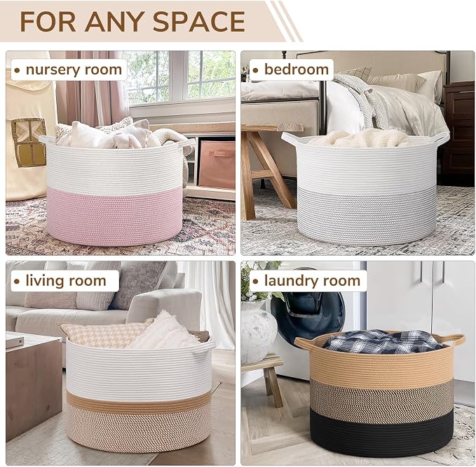 INDRESSME 115L Extra Large Cotton Rope Basket, Woven Baby laundry Blanket Basket for Home Decor Living Room Nursery, Toy Storage Baskets for Kids Boys Girls, White & Camel Mix