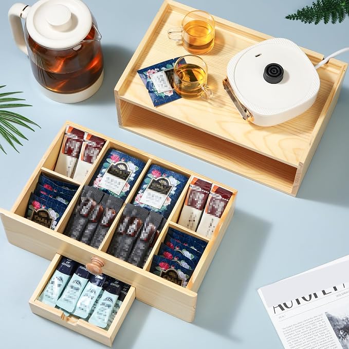 Cinnvoice Tea Bag Organizer Wood Tea Organizer Storage Box 8 Compartments Container Holder with Lid to Storage and Keep Fresh(Brown)