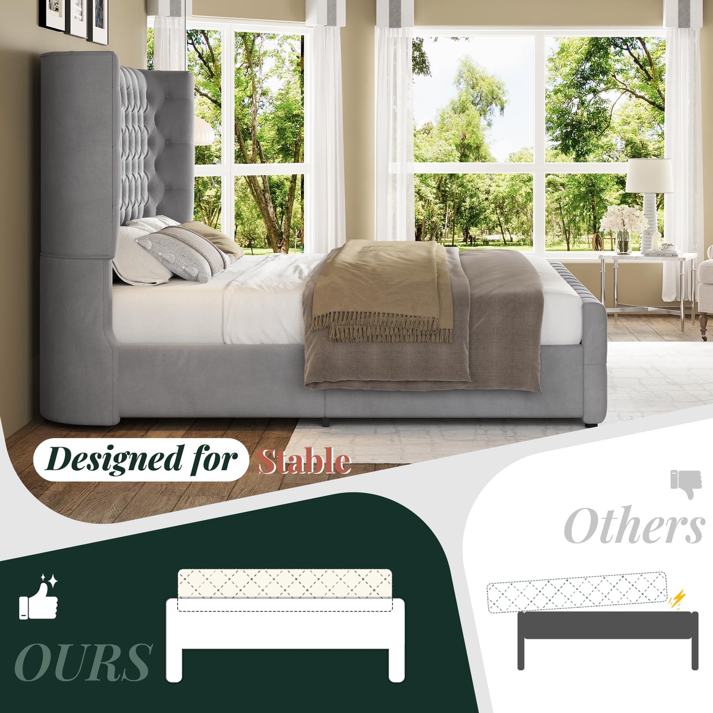 Jocisland Queen Size Platform Bed Frame, 6.3" Thick Upholstered Curved Wingback Headboard and Footboard with Deep Button Tufted, Easy Assembly, No Box Spring Needed, Light Grey Velvet