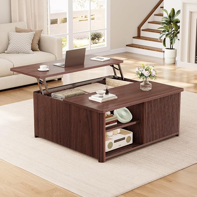 SEDETA 31.5" Lift Top Coffee Table with Storage, Square Coffee Tables for Living Room, Fluted Coffee Table with Large Hidden Storage Compartment and Adjustable Shelves, Walnut