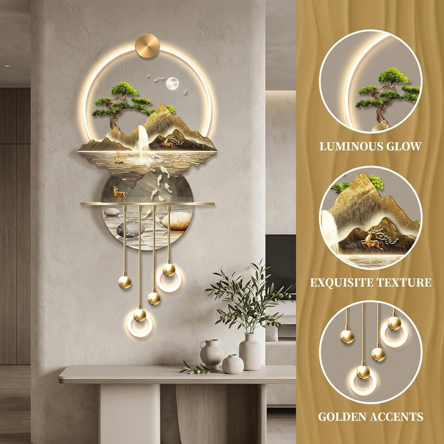 JUNTHORB 3D Decor, 3D Painting with Light, Wall Sculptures Hanging Art with LED Light, Chinese Wall Hanging Paintings for Home