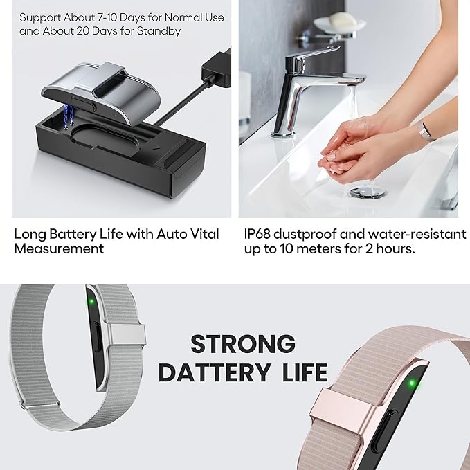 Smart Health Wristband, Screenless Smart Bracelet, Pedometer, Wearable Activity and Fitness Tracker, Free App, IP68 Waterproof (Silver)