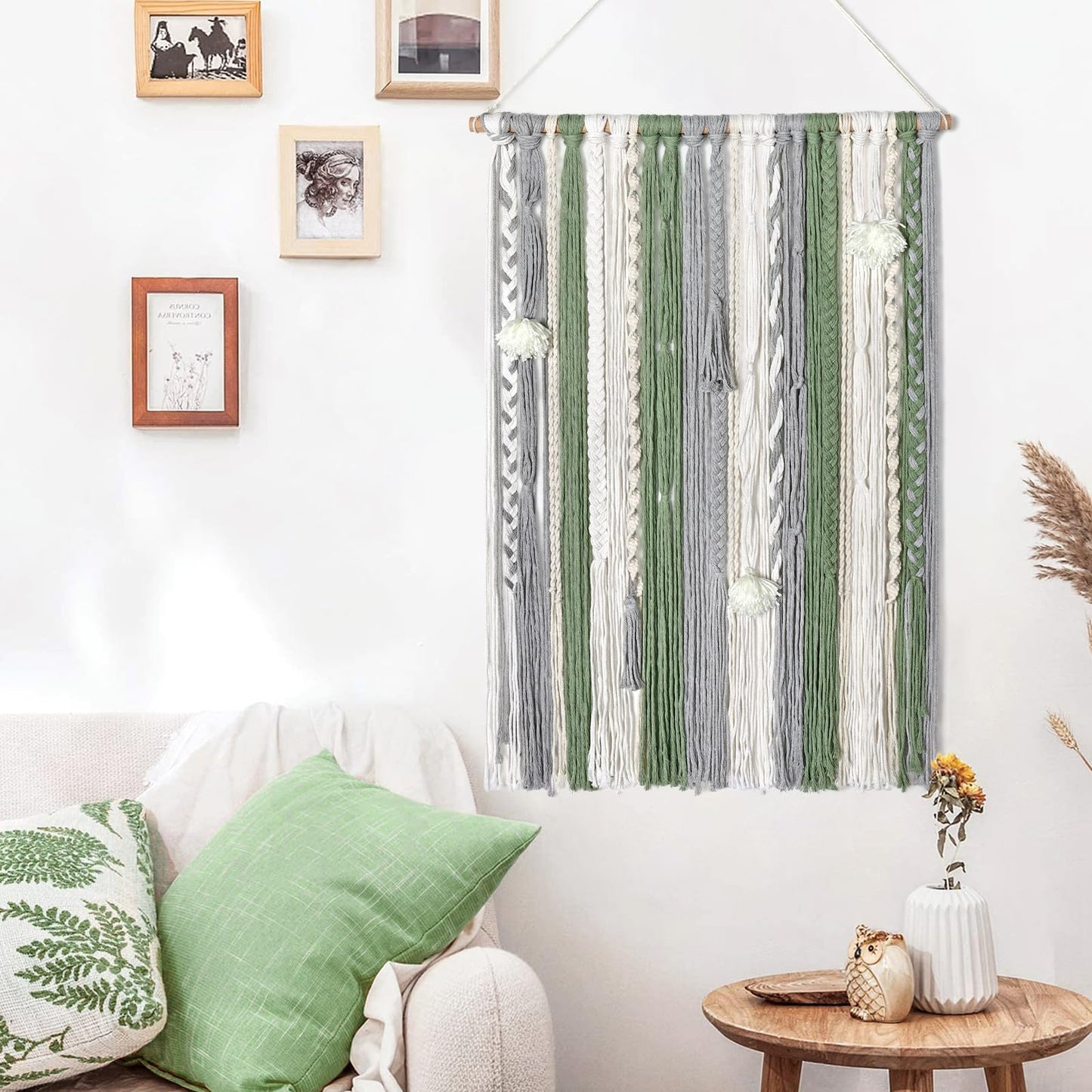 LOMOHOO Large Macrame Wall Hanging Boho Chic Home Decor, Green Gray Beige Yarn Tassel Woven Fringe Handmade Wall Art Decoration for Bedroom Living Room, Gift for Friend Girls Adults 23.6" Wx 34" L