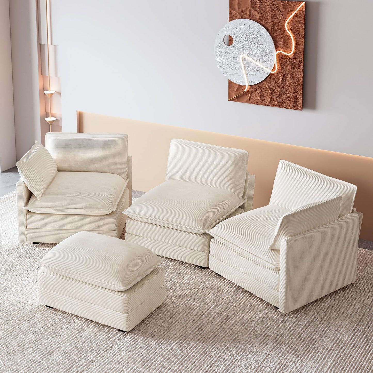 ROWHY 112'' Oversized Modular Sectional Cloud Couch with Movable Ottoman, 4 Seat Modern Corduroy Sofa, Deep Seat L Shaped Couch for Living Room Bedroom Apartment, Cream
