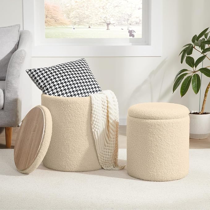 Royal Windsor Boucle Round Ottoman with Storage Set of 2,Small Foot Stool Ottoman for Living Room, Small Coffee Table,Vanity Stool with Storage for Bedroom, Beige