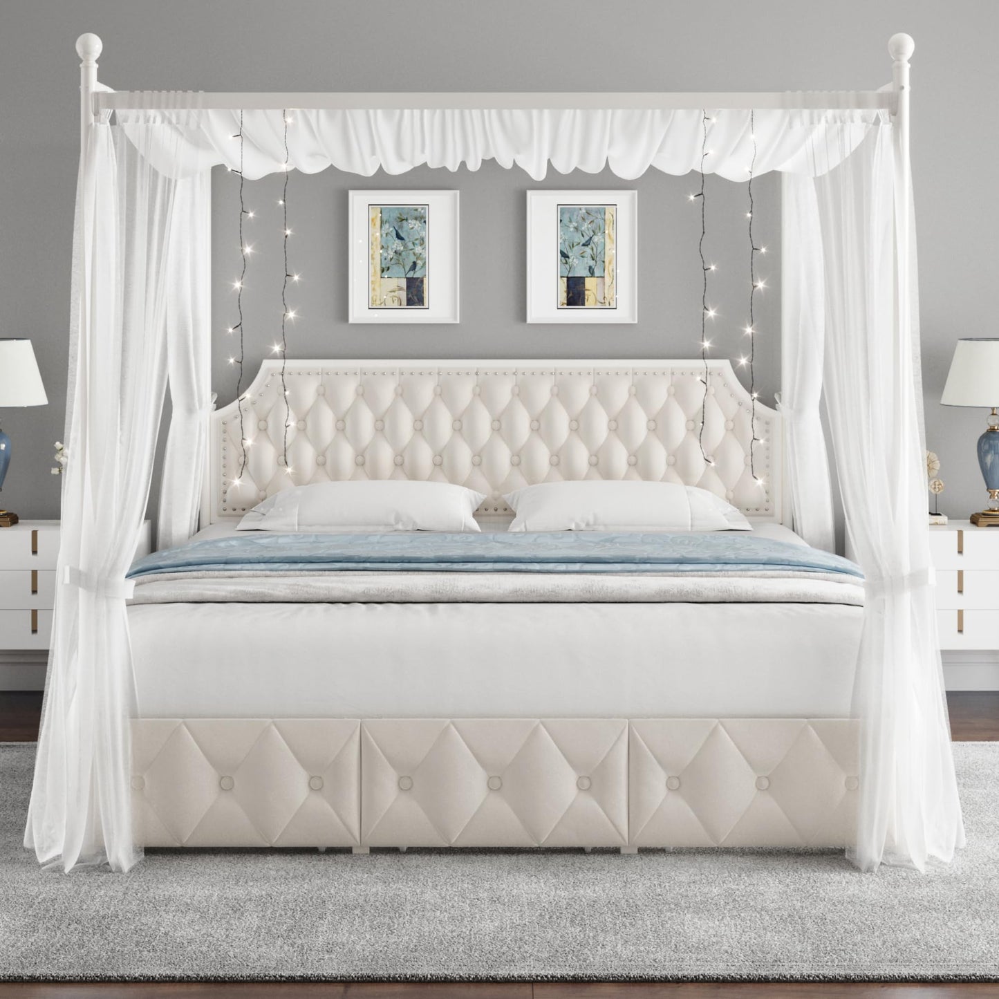 Keyluv King Upholstered Canopy Bed Frame with 3 Drawers and Button Tufted Headboard, Metal Platform Bed with 4 Removable Posts, Two-Purpose Velvet Bed No Box Spring Needed, Beige/Curtains Not Included