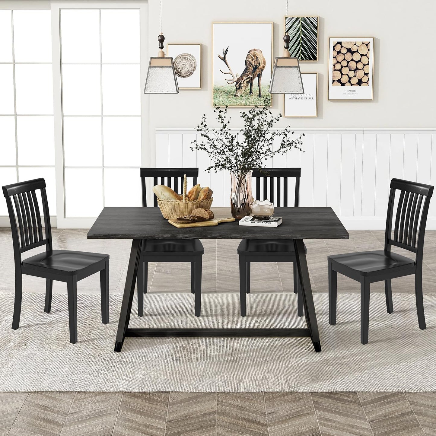 COLAMY Wooden Dining Chairs Set of 4, Solid Rubberwood Kitchen & Dining Room Chairs, High Spindle Back Windsor Style, Modern Dining Table Chairs, Non-Slip Foot Pads, Minimalist Home Furniture,Black