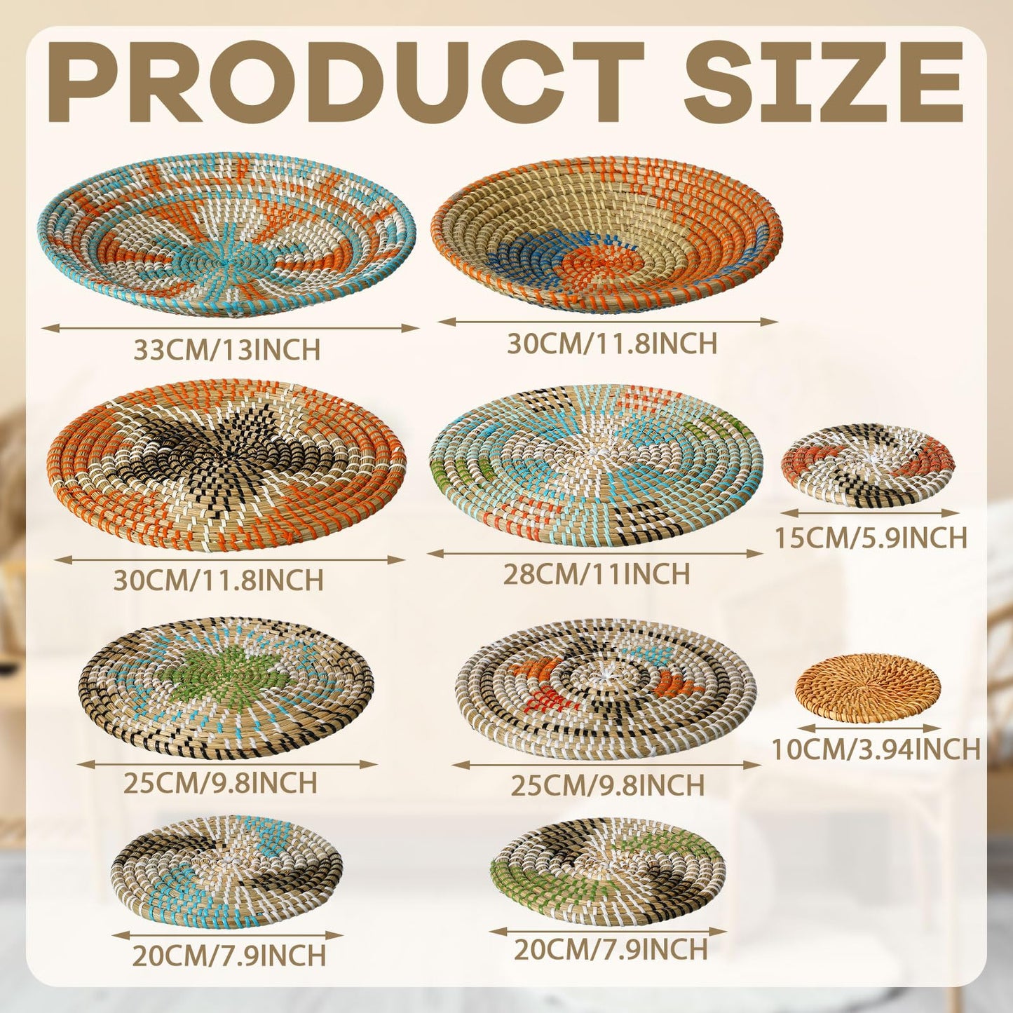 Tatuo 11 Pcs Boho Wall Basket Decor Bulrush Woven Wall Hanging Art Round Farmhouse Rustic Handmade Wicker for Summer Home, Bedroom, Living Room, Kitchen Decorations, Multi Sizes(Farmhouse)