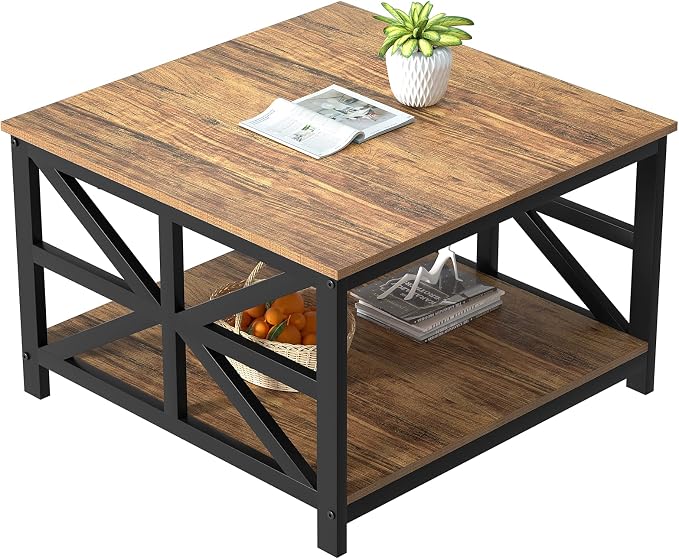 GreenForest Modern Living Room Coffee Table with 2 Tier Storage, Small Square Wood and Metal Farmhouse Center Table with Seamless One-Piece Tabletop, 27.55 Inch, Walnut