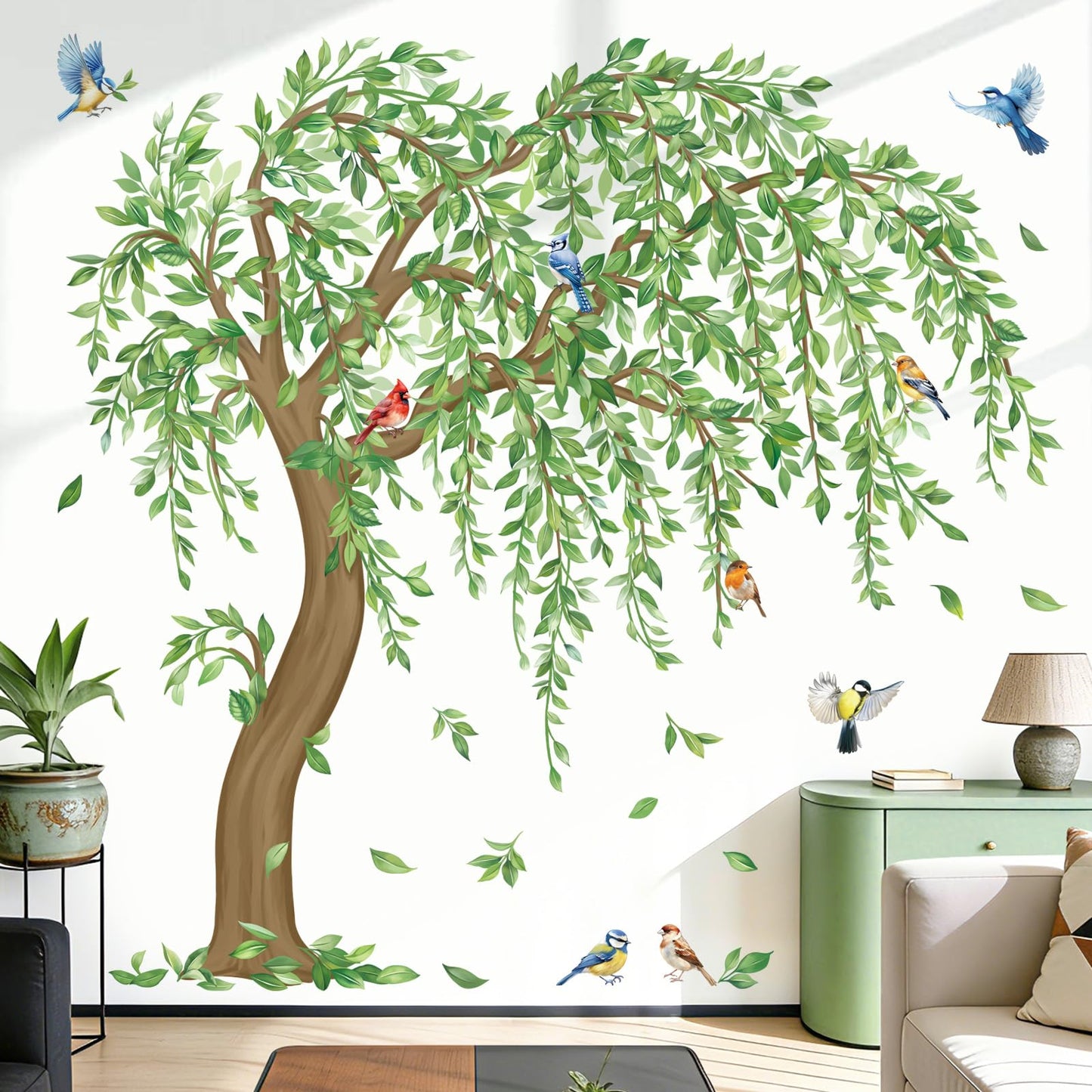 decalmile Large Green Tree Wall Stickers Hanging Vine Falling Leaves Birds Wall Decals Living Room Bedroom Office Wall Decor Home Decor