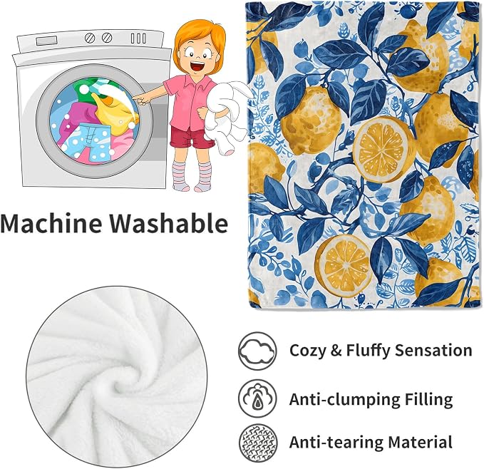 Lemon Blanket Fresh Citrus Fruit Throw Blankets with Blue Leaves,Birthday Gifts for Girls Boys Women & Food Lovers,Lightweight Soft Fleece,for Sofa Couch Bed Room Summer Decor 60x80in