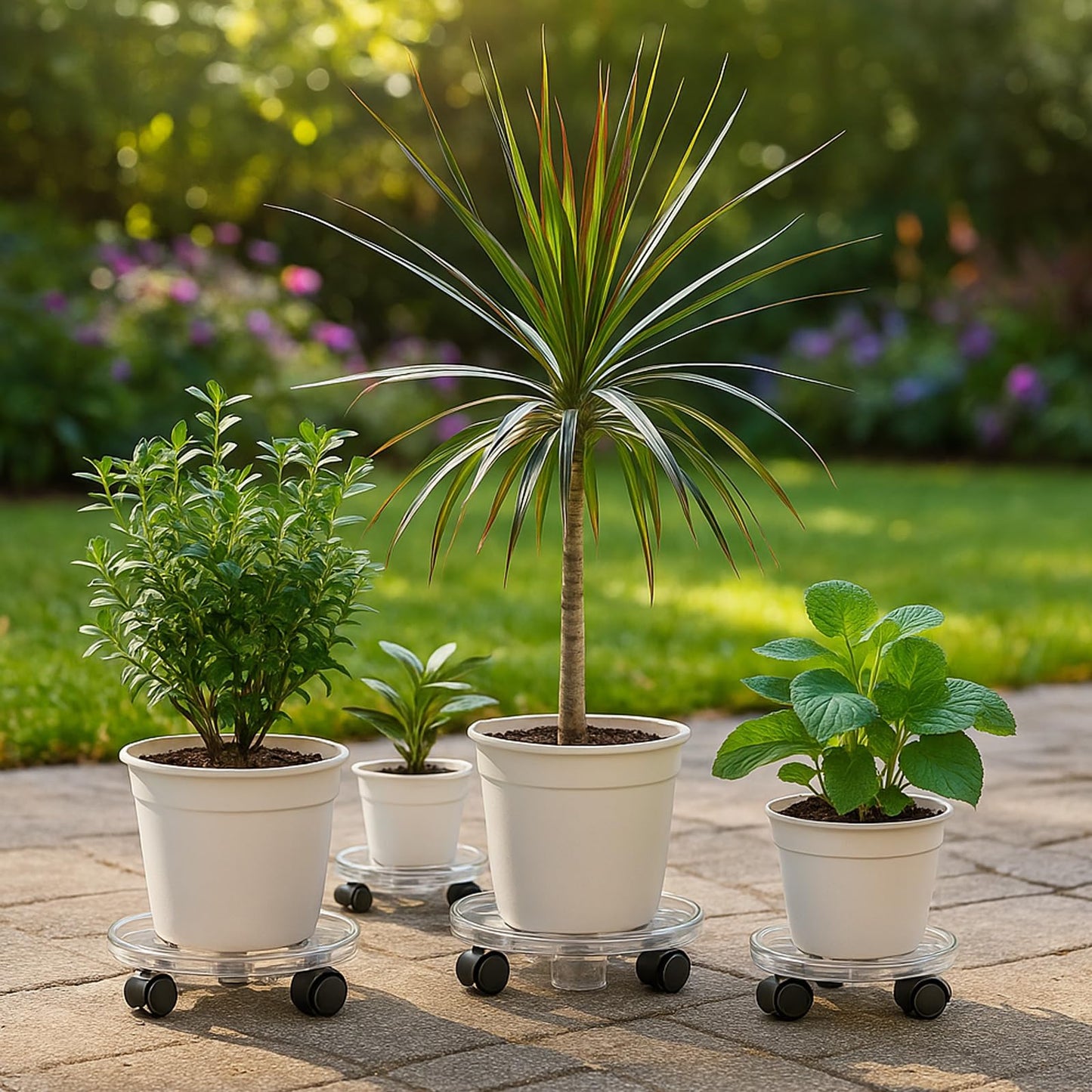 KvyusFlourish 4 Packs 16 Inches Extra-large Clear Plant Caddy Plant Saucers on Wheels Rolling Plant Stands Heavy-duty Plant Dolly Plastic Planter Roller Base Pot Movers Outdoor Plant Tray Coaster