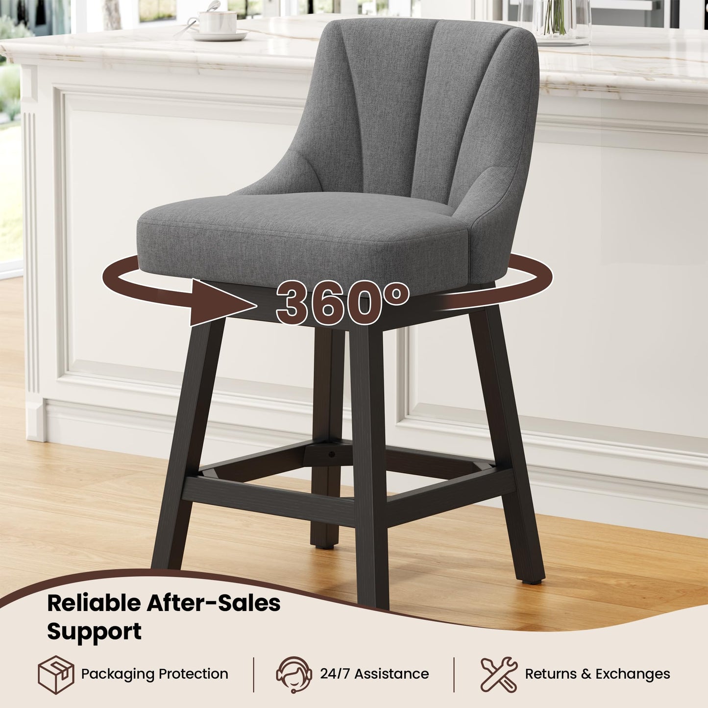REONEY Swivel Bar Stools Set of 3, Fabric Upholstered Counter Height Barstool, 26" Modern Kitchen Island Chairs with Back and Solid Wood Legs for Home Bar Dining Room, Dark Grey