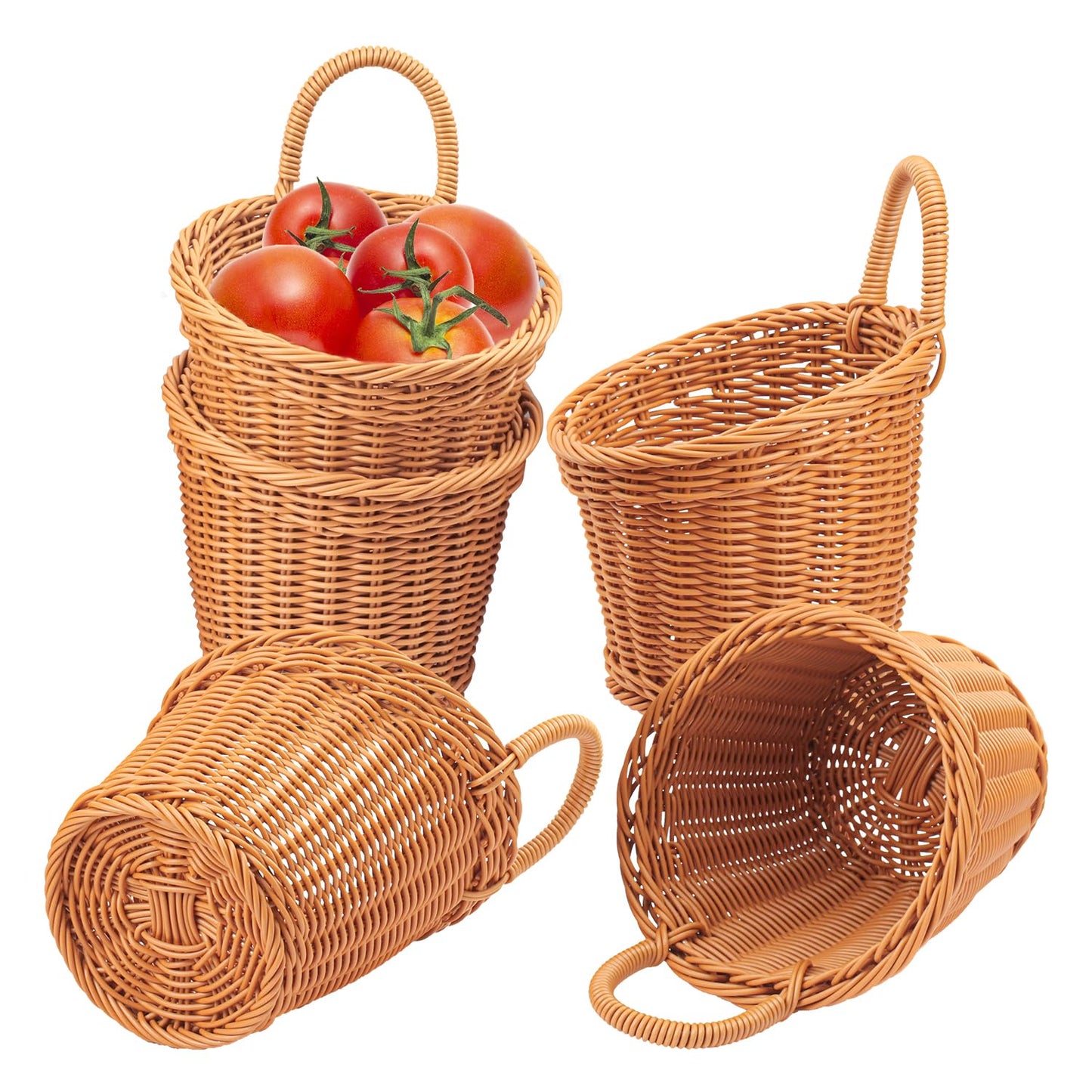 Geytetqi 5 Pack 6.7 x 6 inch Woven Hanging Fruit Basket, Wall Hanging Wicker Baskets, Wall Fruit Wicker Basket for Kitchen, Planter, Vegetable & Fruit, Boho Home Decor