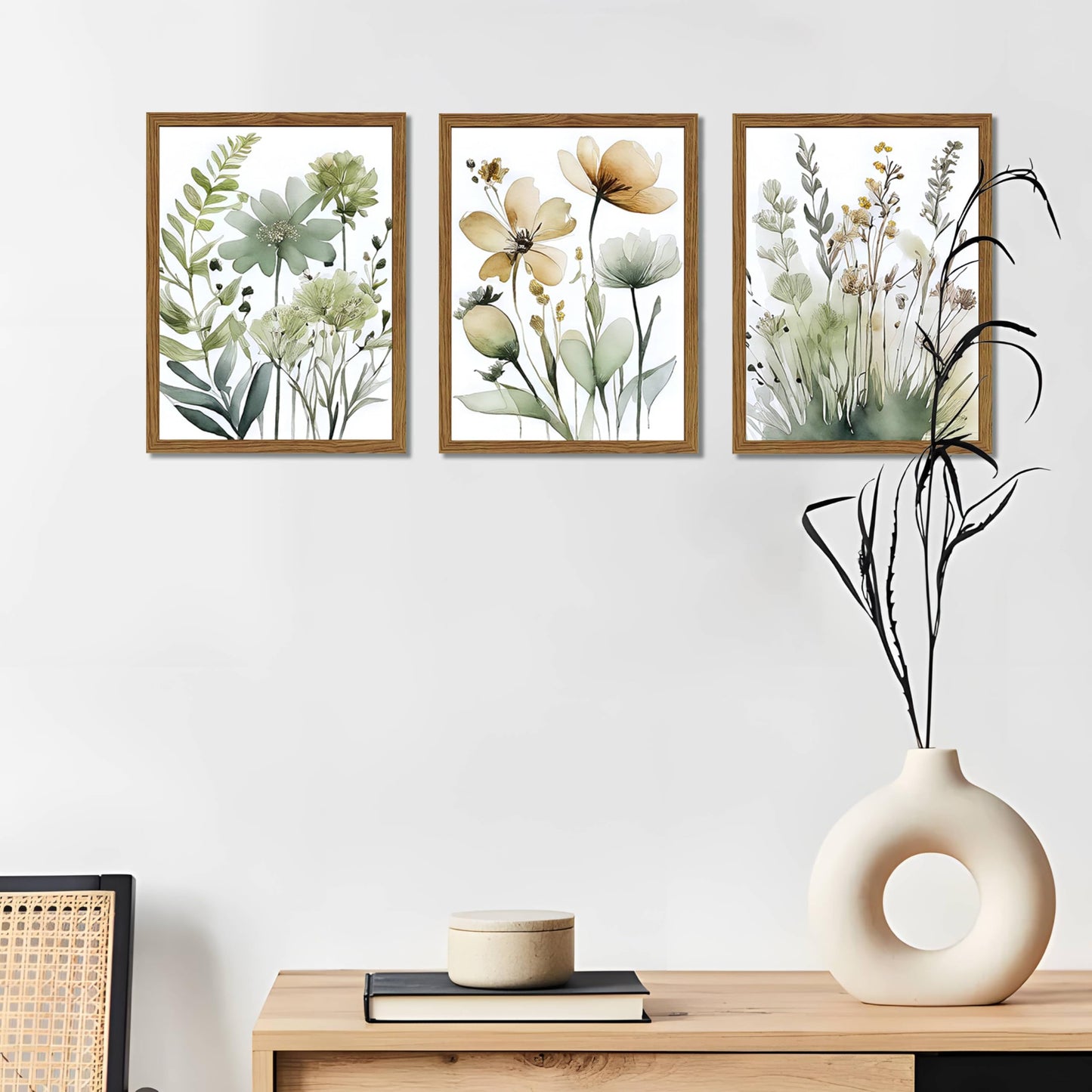 Wood Framed Sage Green Botanical Wall Art Set of 3, Boho Floral Canvas Wall Decor Paintings, Minimalist Flower Posters Prints Pictures for Bedroom Bathroom Living Room Home Decor 12x16 Inch