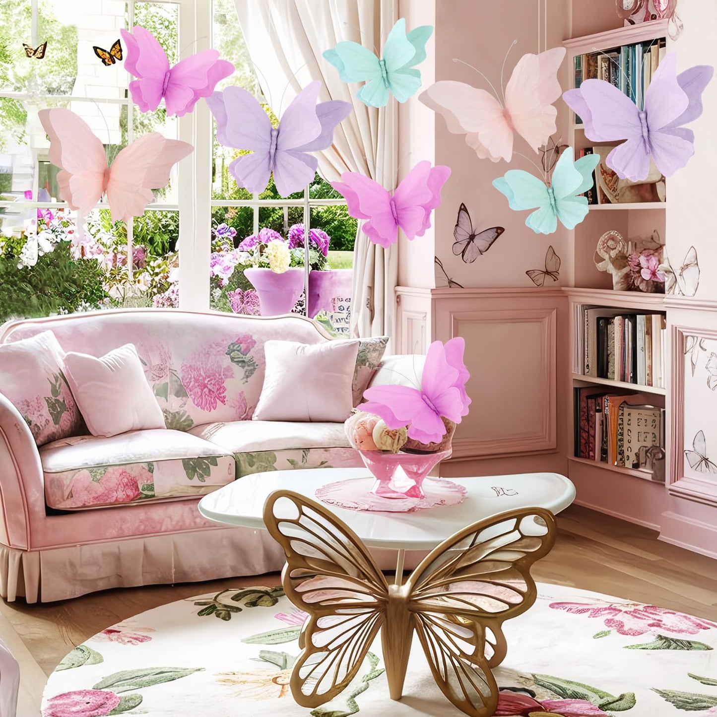 OBBOLO 3D Hanging Butterfly Decorations, Butterfly Birthday Party Decorations, 4 Pcs Crepe Paper Butterfly Hanging Decorations for Girls, Women, Flower Garden Party Decorations