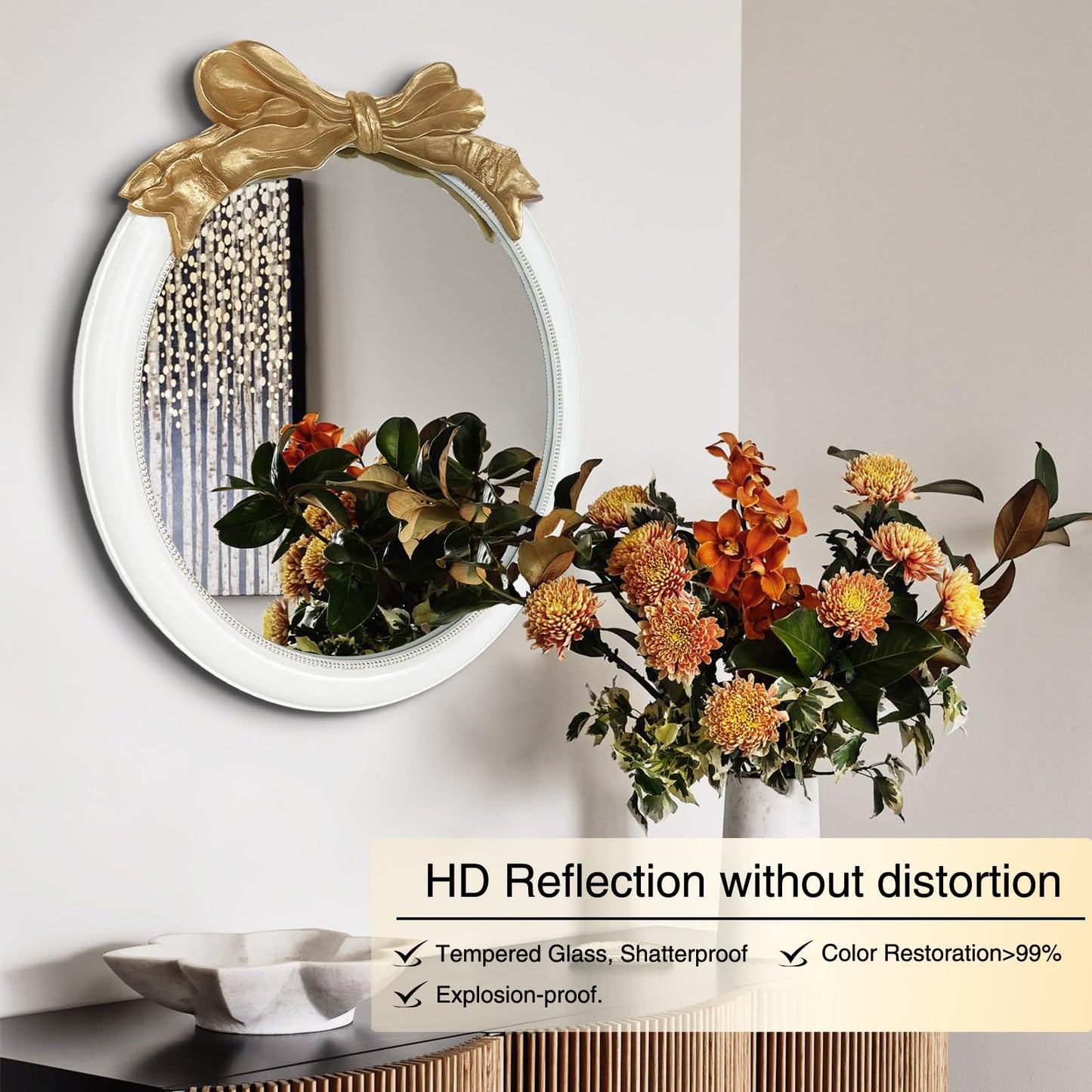 inoseen Antique Bow Round 26x26 inch Wall Mirror, White and Gold Bow Frame Circle Mirror for Wall Decor for Bathroom Sink, Living Room, Hallway & Bedroom
