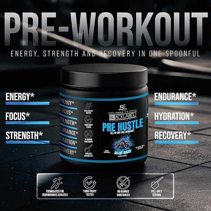 BLACKLABEL Supplements PRE Hustle V3 Pre-Workout Powder ??NSF Certified for Sport ??Energy, Strength & Endurance Support ??Blue Razz ??with Creatine & Caffeine ??30 Servings