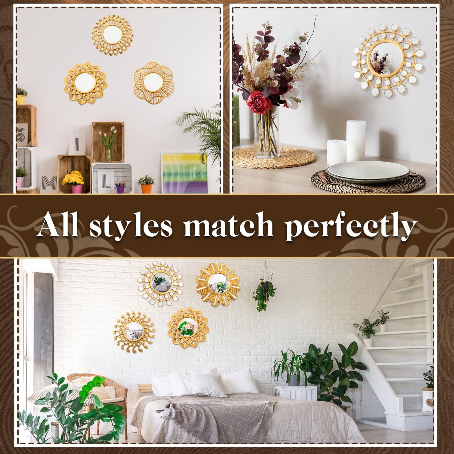 Barydat 10 Pcs Boho Gold Sun Mirrors for Wall Decor 10 Inches Plastic Decorative Wall Mirrors for Entryway Home Living Room (Modern)