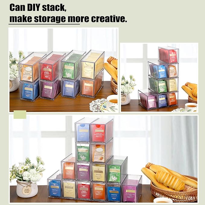ELLDOO 8 Drawers Tea Bag Organizer, Clear Acrylic Stackable Tea Bag Storage Holder for Kitchen Pantry, Coffee Pod Snack Storage for Countertop Cabinet