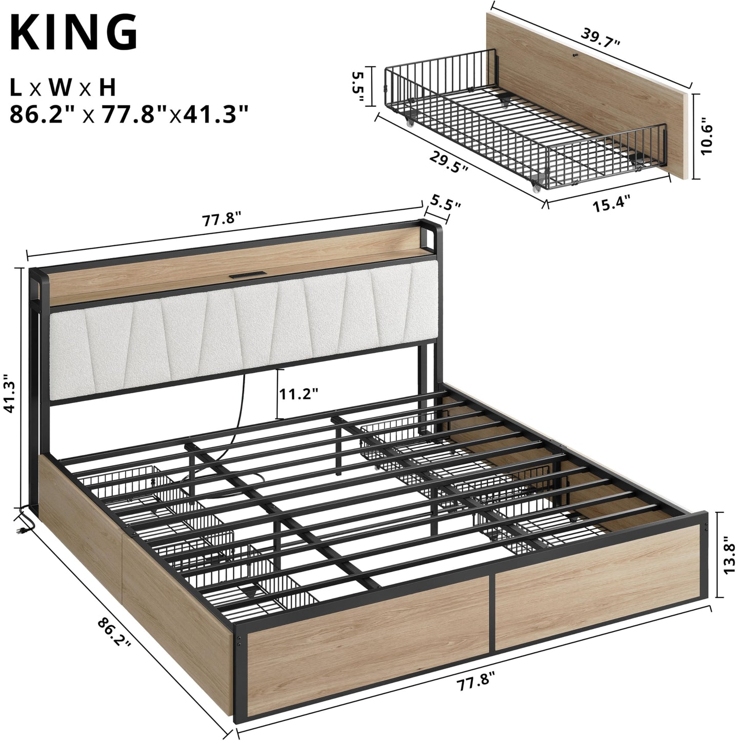 LIKIMIO King Bed Frame with 4 Storage Drawers, Platform Bed with Charged Headboard, Sturdy and Stable, No Noise, No Box Spring Needed, Easy Install, Wood and Cream