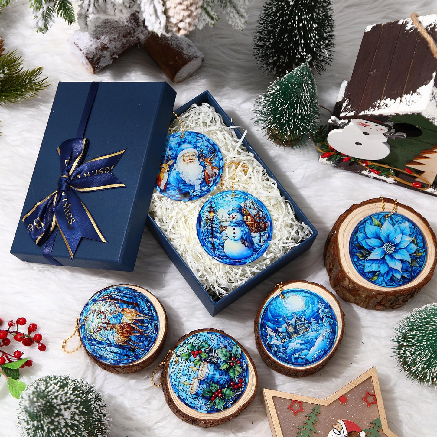 Vercraft 6 Pcs Winter Hanging Ornament Snowman Glass Style Christmas Tree Decoration Xmas Round Window Hanging Art Santa Claus Acrylic Ornament Deer Christmas Decorations