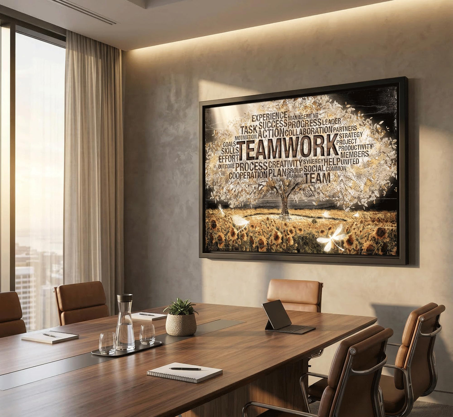 Framed Teamwork Tree Canvas Wall Art Inspirational Office Wall Decor Picture Motivation Positive Quotes And Sunflower Poster Print Painting for Living Room Bedroom Classroom Home Decoration