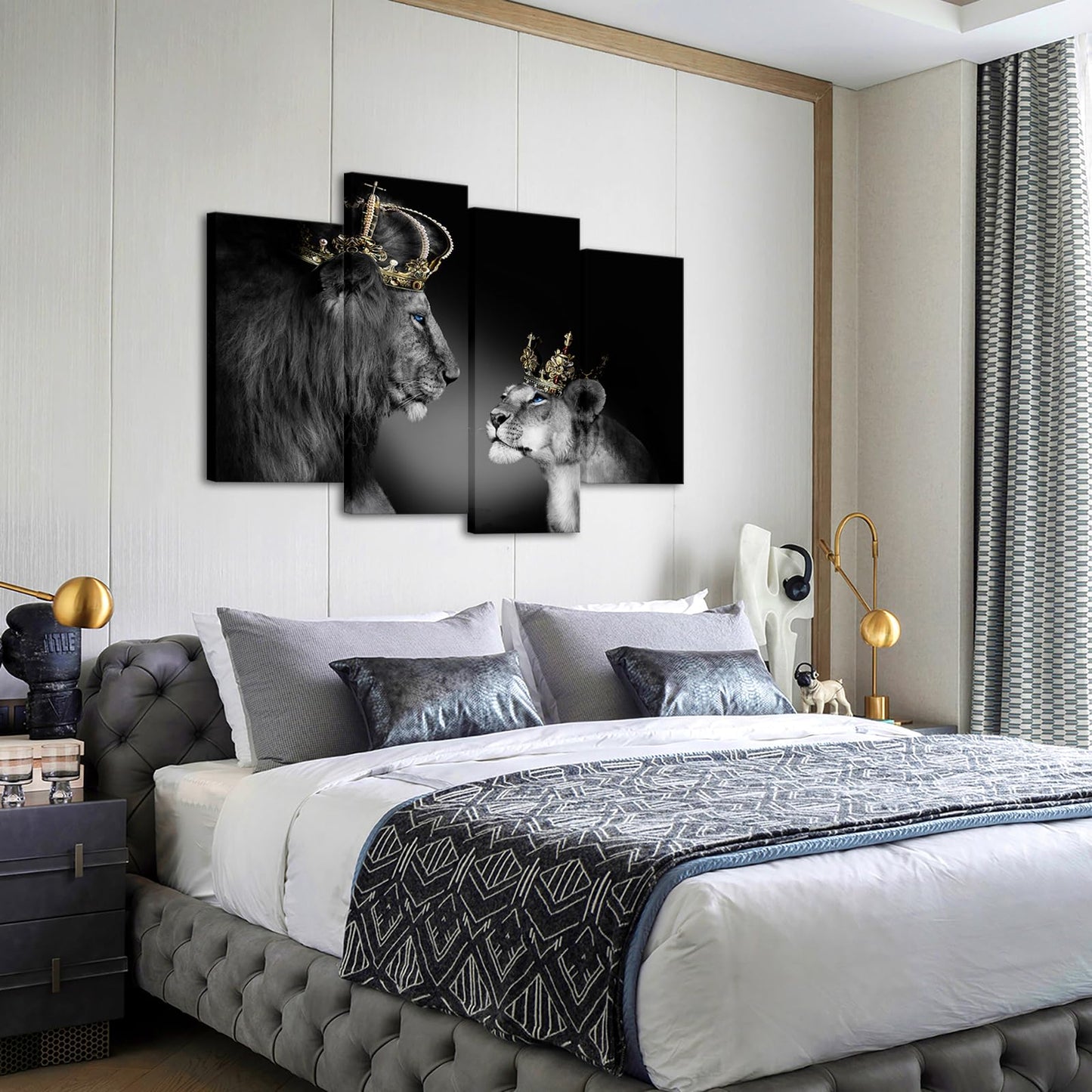 Large 4 Panel Wall Decor The Lion King and Queen with Crown Wall Art African Wild Animals Canvas Prints Pictures Black and White Modern Giclee Framed Artwork for Master Room Ready to Hang 48x33inch