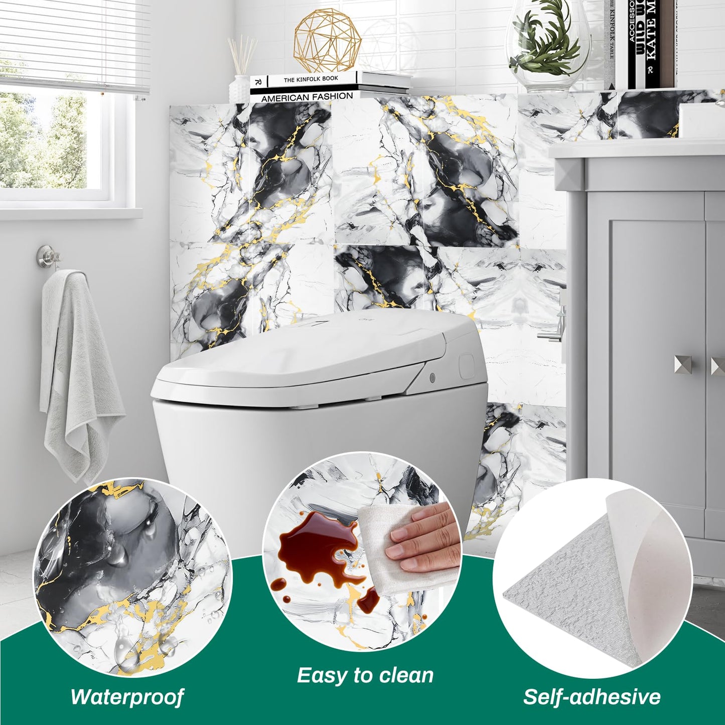 12pcs White and Black Marble Peel and Stick Tiles 23.6"x11.8" Waterproof Heat Resistant Self Adhesive Removable PVC Wall Panels for Kitchen Backsplash, Bathroom, Laundry (Not Real Tile, Not for Floor)