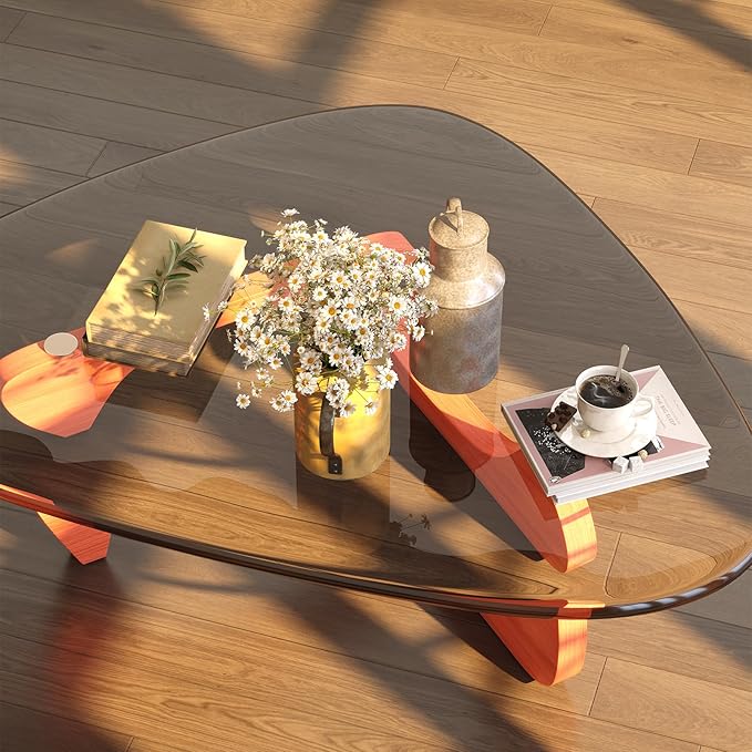 Coffee Table for Living Room Mid Century Modern Center Small Table with Glass Top and Wood, Walnut Transparent(36 Inch)