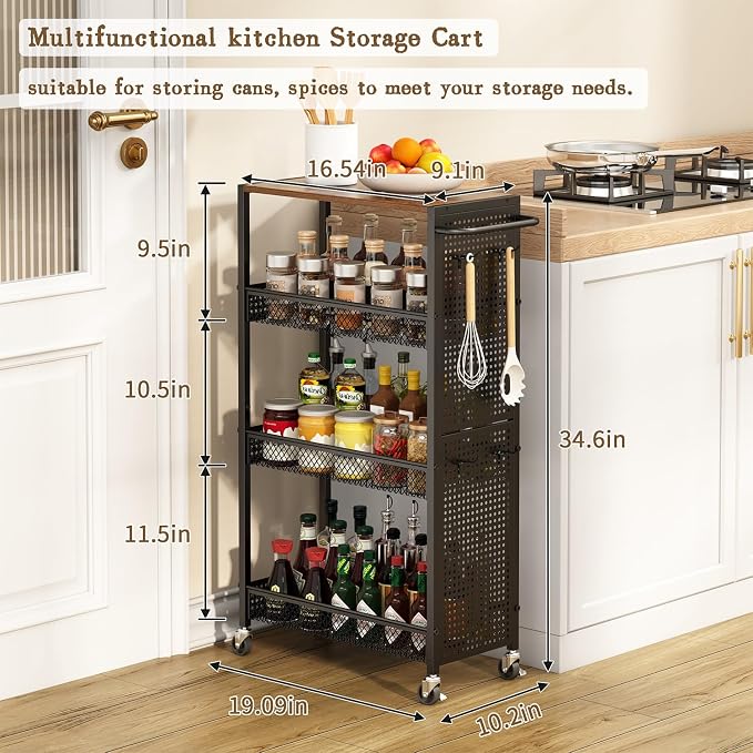 Utility Slim Storage Cart 4 Tier Small Rolling Kitchen Laundry Room Organization Cart with Wood Top Metal Narrow Laundry Room Shelves Cabinet Unit Laundry Organizer Trolley with Handle for Small space