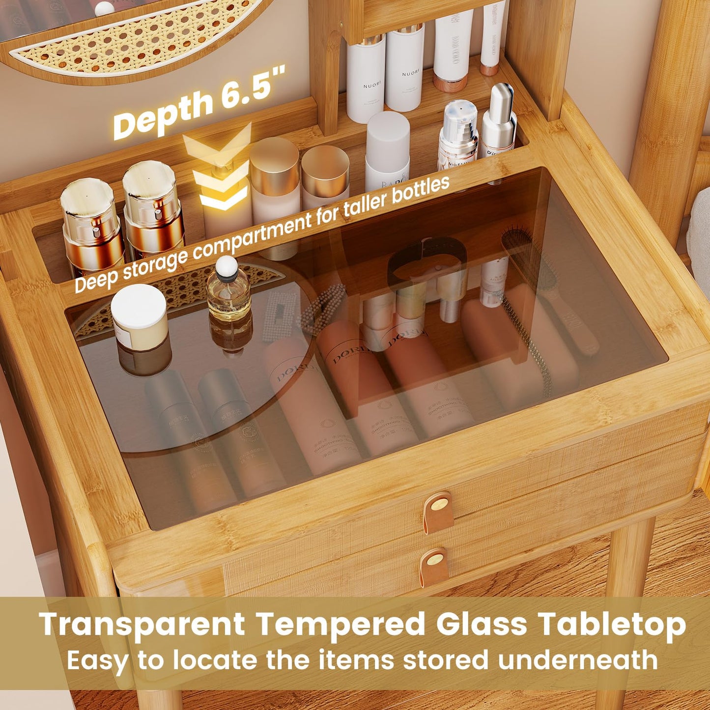 CHEFJOY Boho Vanity Desk with Mirror, Bamboo Makeup Vanity Table & Stool Set w/ 2 Storage Drawers, Hutch Shelves & Tempered Glass Table Top, Small Dressing Table Set for Bedroom