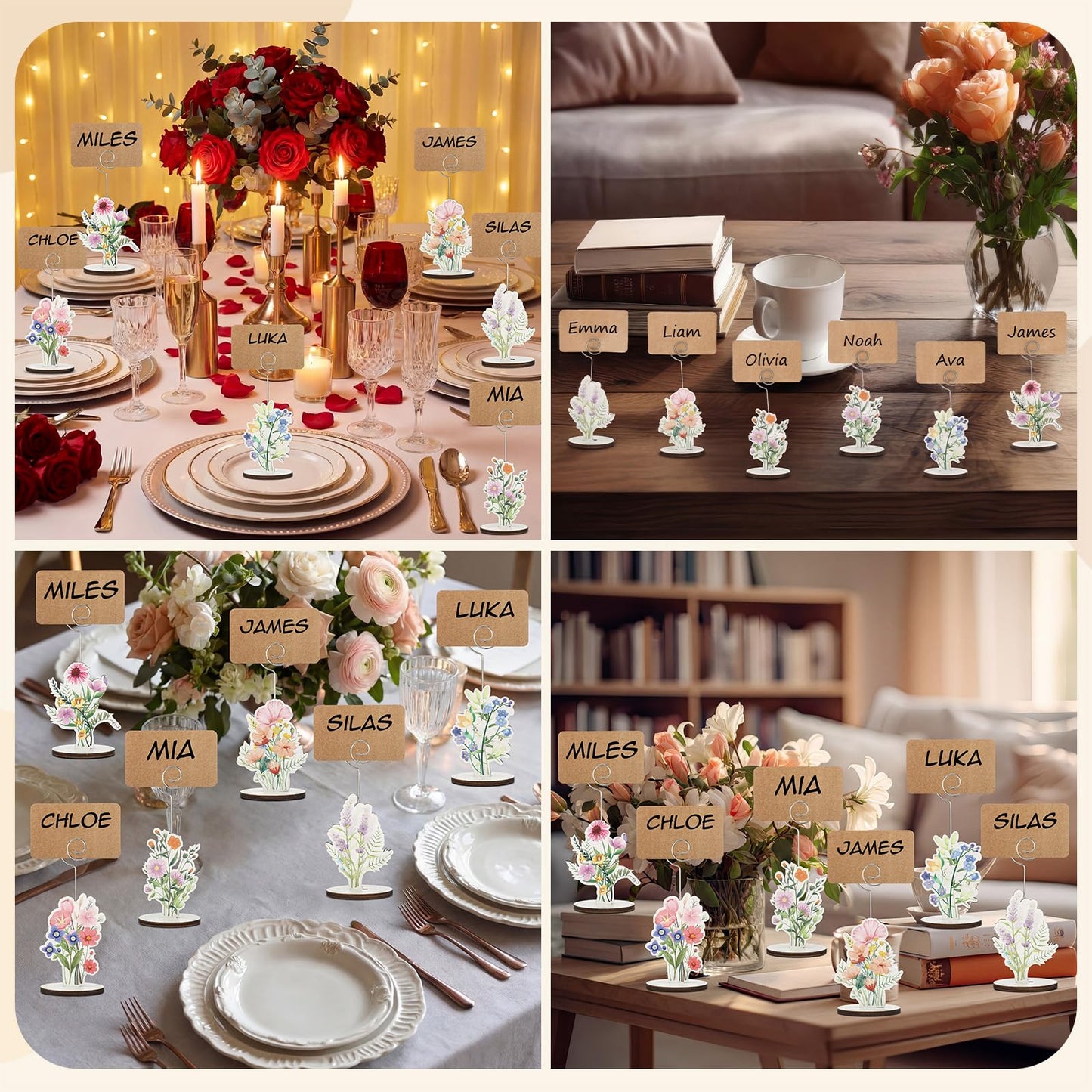 12 Pcs Wildflower Wood Place Card Holders with 15 Cards Flower Photo Iron Stands Table Setting Number Name Picture Clip Holder for Baby in Bloom Baby Shower Wedding Birthday Spring Party Supplies