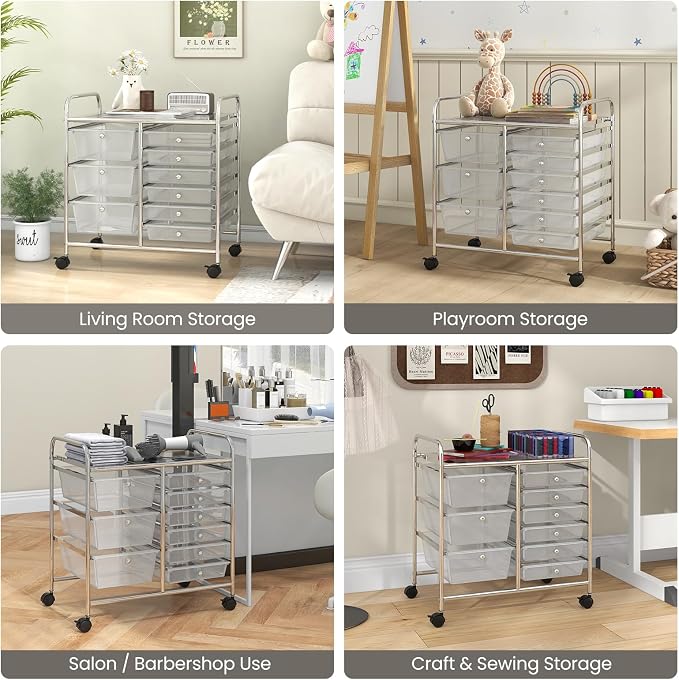 Giantex 9 Drawers Rolling Cart, Classroom Organizers, Storage Cart with Wheels, for Teacher Office Home School Supplies Tool Craft Art Paper, Clear