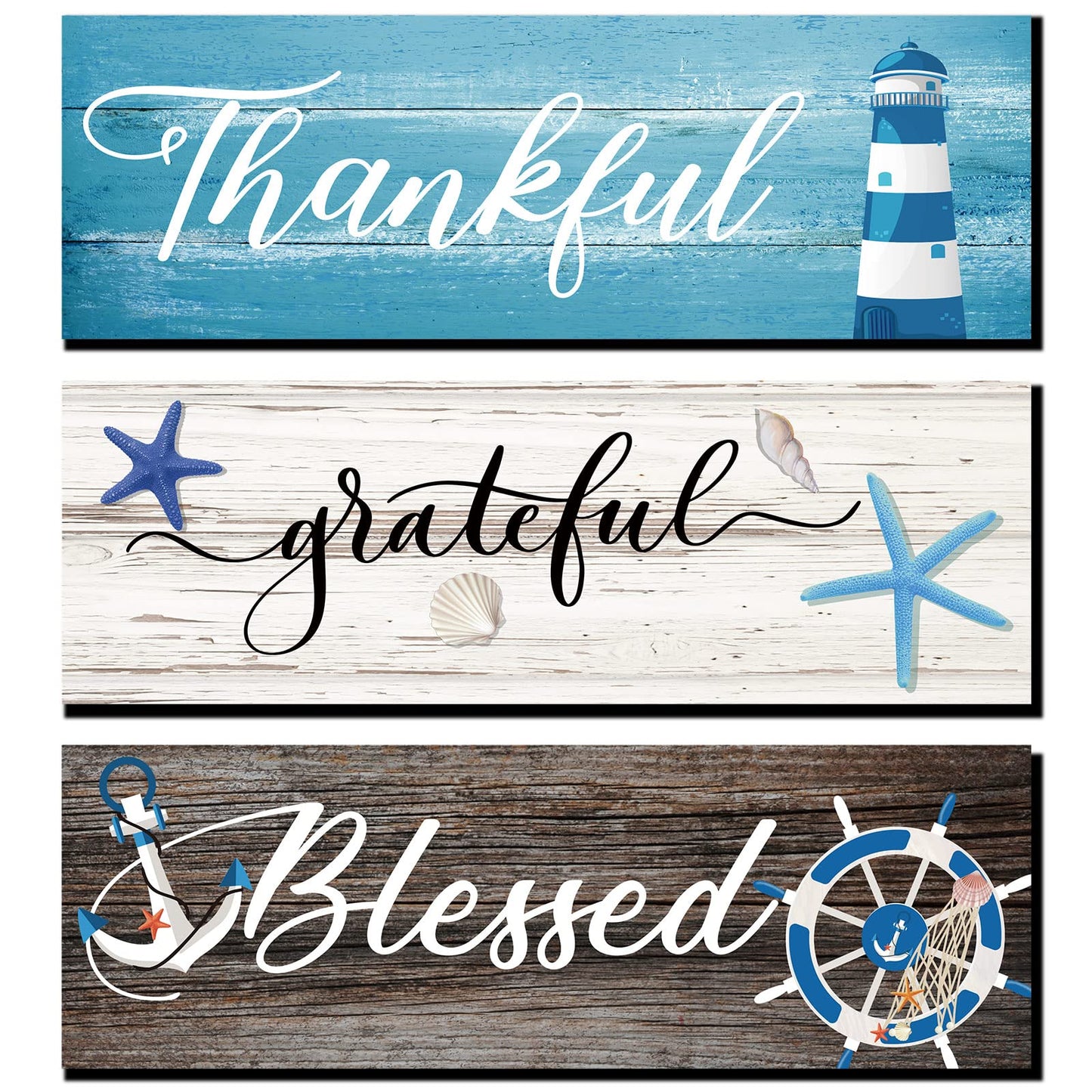 Yookeer 3 Pieces Thankful Grateful Blessed Wooden Signs Coastal Rustic Wood Signs Wall Decor Beach Wood Front Hanging for Farmhouse Outdoor Decor(Coastal Style)