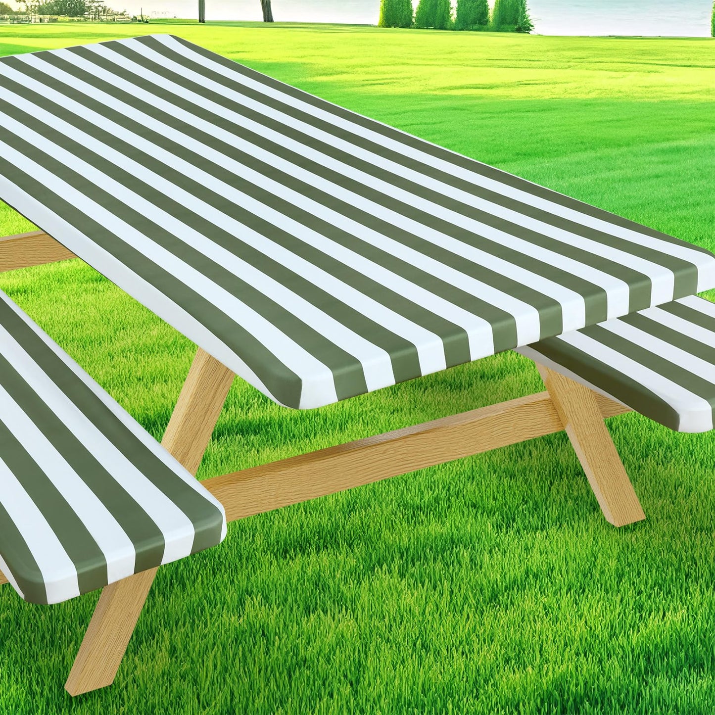 Moosfor Picnic Table Cover with Bench Covers, Elastic Fitted Spandex Tablecloths for 6 Foot Rectangle Tables, Stretch Washable Patio Tablecloth for Outdoor, Camping (Stripe, 30"x72")