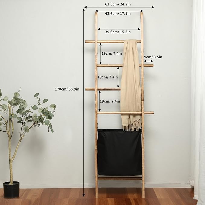 Taozun 67-Inch Towel Ladder with Basket for Bathroom Storage, Rustic Wooden Blanket Ladder with Hooks for Farmhouse Display, Wall Leaning Towel Ladder with Laundry Basket Organizer