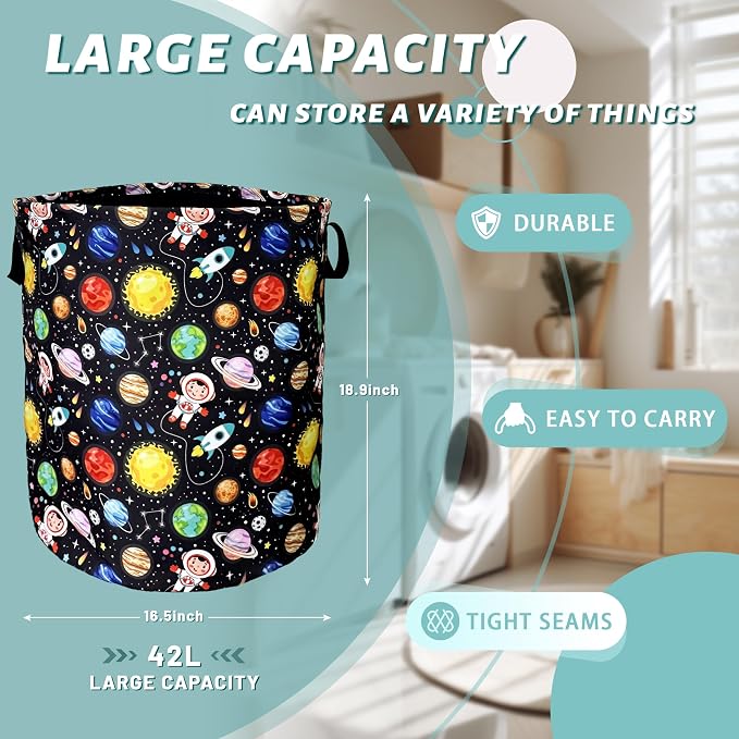 Funny Astronaut Laundry Basket Foldable With Handles Galaxy Tote Bag Oxford Cloth Colorful Planet Laundry Hamper Clothe Storage Bucket Toy Organizer 18.9"x16.5"For Bathroom/Laundry/Bedroom