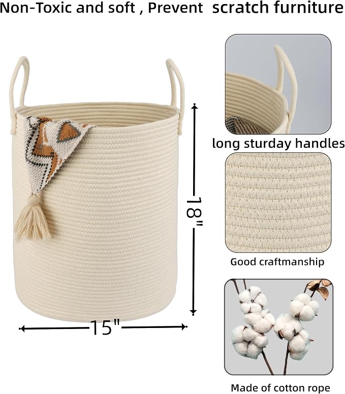 XUANGUO Cotton Rope Laundry Basket Hamper for Clothes Woven Storage Basket for Living Room Bedroom Boho Tall Rope Baskets for Blanket Toys Pillow Towels Baby Nursery Hamper Bin beige