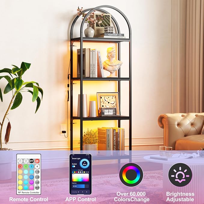 Yusong LED Bookshelf 4 Tier Arched Bookcase, 71.3" Tall Industrial Open Book Shelves for Living Room, Modern Freestanding Display Storage Rack with Metal Frame, Office, Bedroom, Black