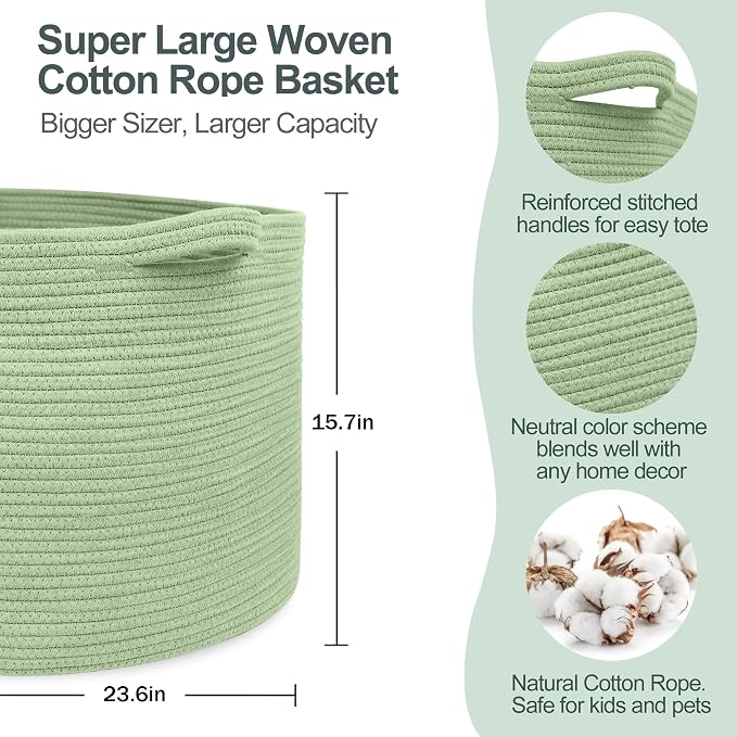 MEGASKET 115L Oversized Green Basket, 23.6"x15.7" Woven Cotton Rope Bin for Blankets, Nursery Wicker Laundry Hamper, Kids Toy Storage Bin, Sage Green Living Room Bedroom Decor Baskets for Organizing