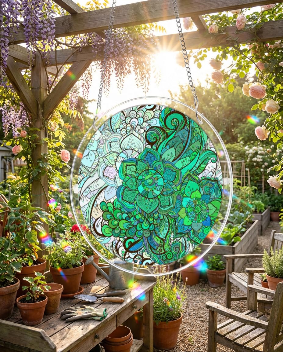 WOODBESTS Acrylic Suncatcher Puzzles, Suncatcher for Doors Garden Window Hanging, Green Mandala Puzzle, Birthday for Lover (M - 8.2 * 8.2 in)