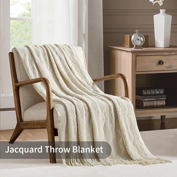 BOURINA Beige Throw Blanket 50x60 Inches Throw Textured Solid Soft Ripple Throws and Blankets for Sofa or Bed Knitted Decorative Throw